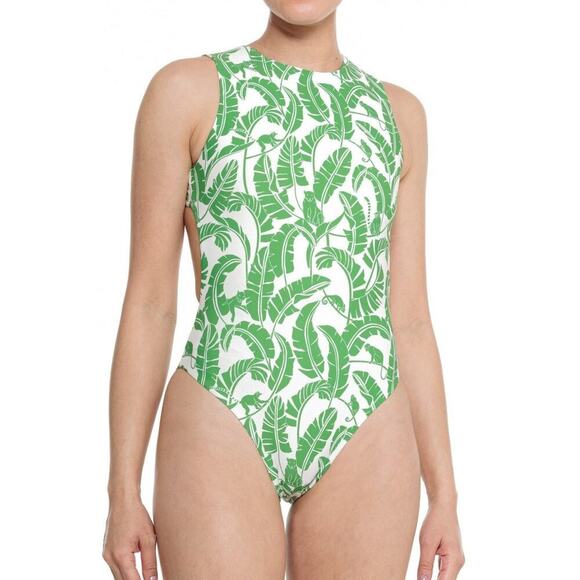 We Wore What Green Tropical Printed  Muscle Tank One Piece Swimsuit Women M NWT - Picture 1 of 5